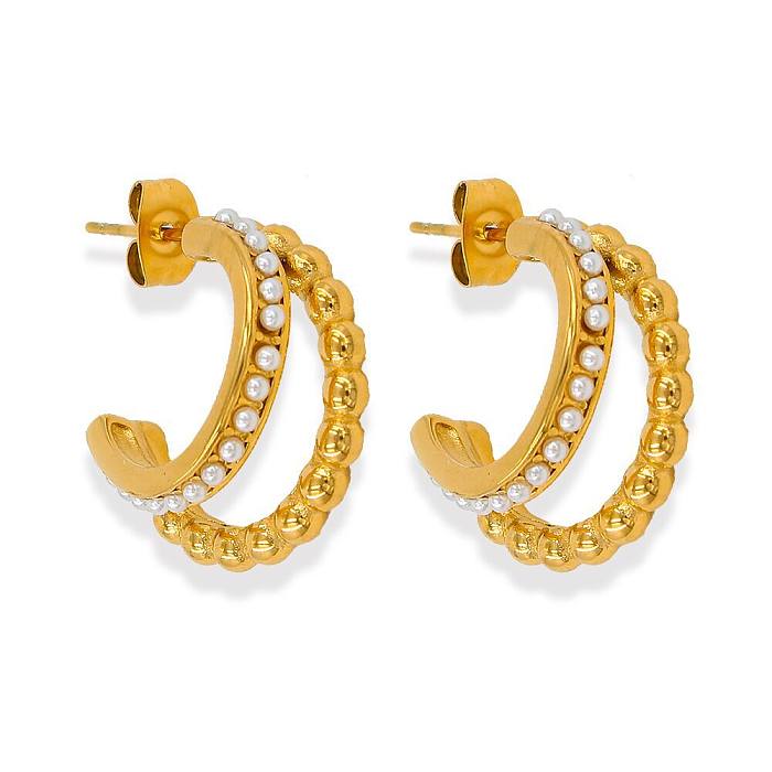 Simple Style C Shape Stainless Steel  Plating Inlay Pearl Zircon Ear Studs