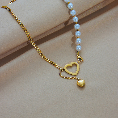 Elegant Heart Shape Imitation Pearl Stainless Steel Plating 18K Gold Plated Pendant Necklace