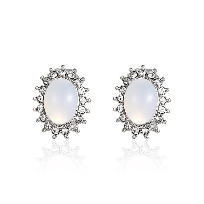 1 par de pendientes de ópalo con diamantes de imitación de acero inoxidable con incrustaciones ovaladas de estilo Simple