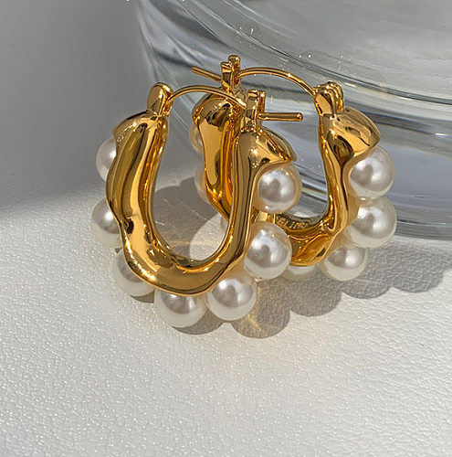 Ohrringe im Vintage-Stil, U-Form, Edelstahlbeschichtung, künstliche Perlen, 1 Paar