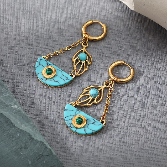 1 Pair Ethnic Style Semicircle Leaves Stainless Steel  Inlay Natural Stone 18K Gold Plated Drop Earrings
