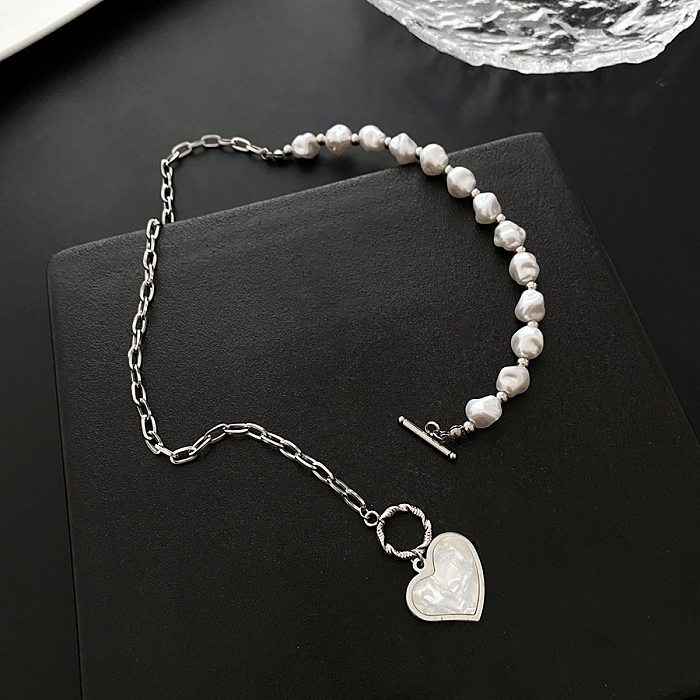 Collar retro de acero inoxidable con perlas de imitación en forma de corazón, 1 pieza