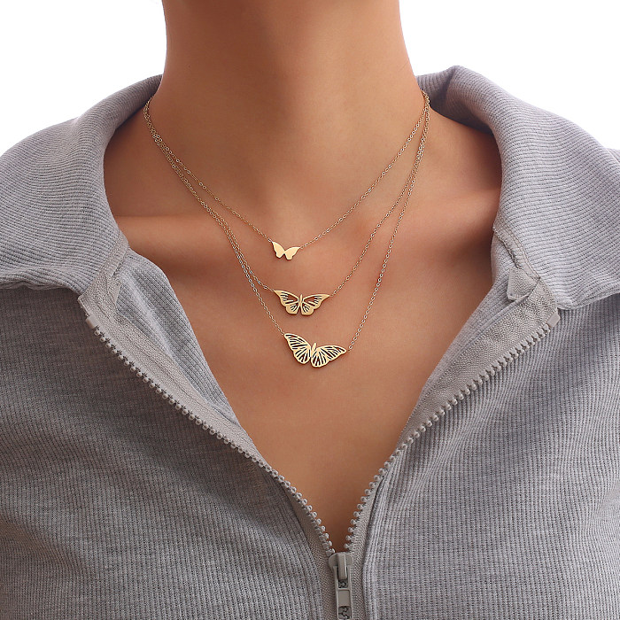 Wholesale Korean Style Butterfly Stainless Steel  14K Gold Plated Layered Necklaces