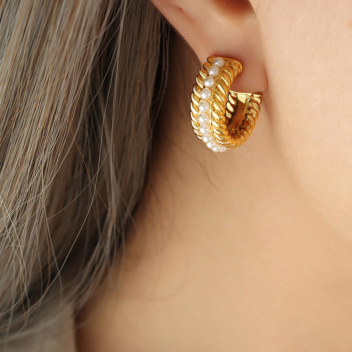 Elegante C-förmige Edelstahl-Ohrringe mit künstlichen Perlen, 1 Paar