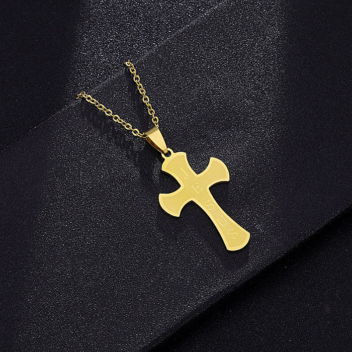 Casual Simple Style Cross Letter Stainless Steel  Plating Hollow Out 18K Gold Plated Pendant Necklace Long Necklace