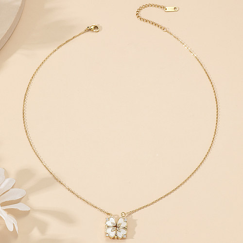 Casual Modern Style Four Leaf Clover Heart Shape Stainless Steel Polishing Plating Inlay Rhinestones Shell 18K Gold Plated Necklace