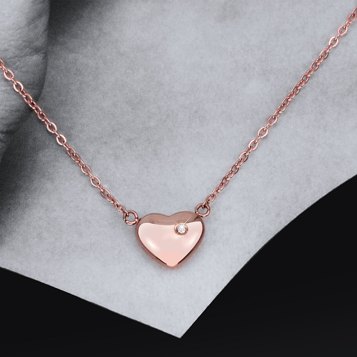 Cute Sweet Heart Shape Stainless Steel  Plating Inlay Diamond Rose Gold Plated Necklace
