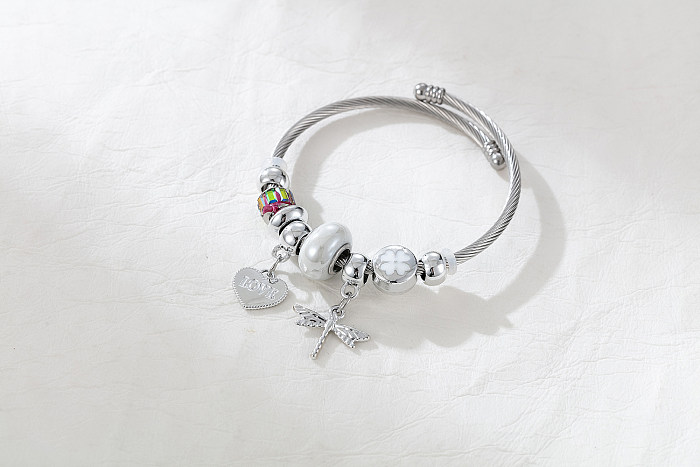 Modern Style Four Leaf Clover Heart Shape Dragonfly Stainless Steel Plating Inlay Zircon Silver Plated Bangle