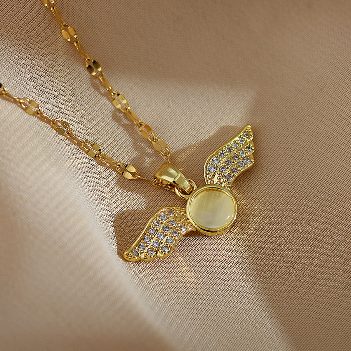Retro-Flügel-Halskette mit Anhänger aus Edelstahl, Kupferbeschichtung, Inlay, Zirkon, vergoldet
