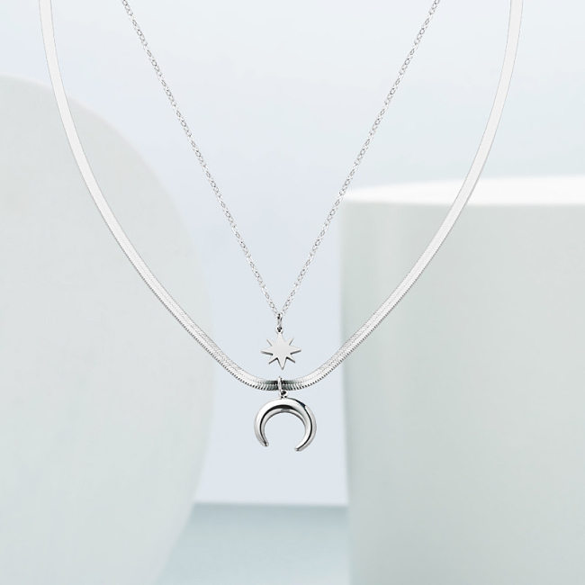 Simple Double-layer Star Moon Stainless Steel Pendant Snake Bone Necklace Wholesale jewelry