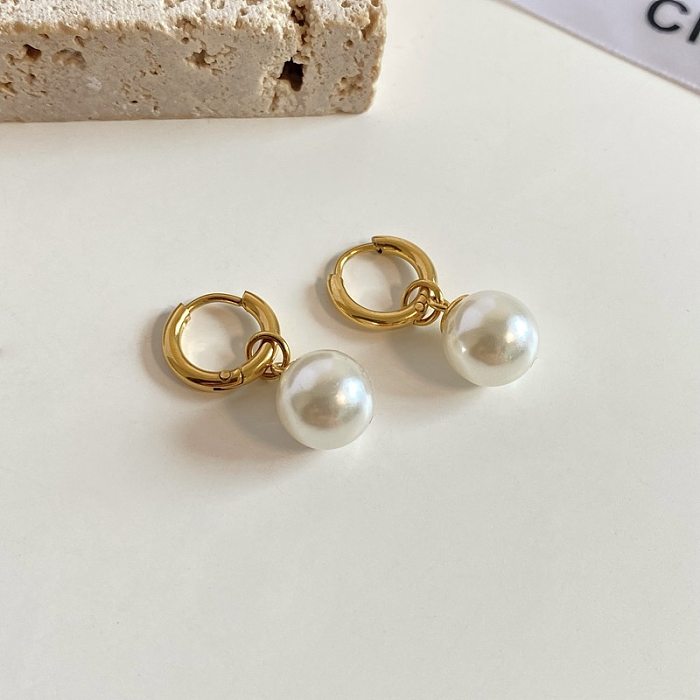 1 Pair Elegant Sweet Round Plating Inlay Stainless Steel Pearl 18K Gold Plated Drop Earrings