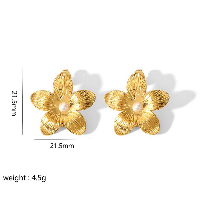 1 paire de clous d'oreilles en acier inoxydable plaqué or 18 carats, Style moderne, fleur, papillon, feuille de Ginkgo, polissage