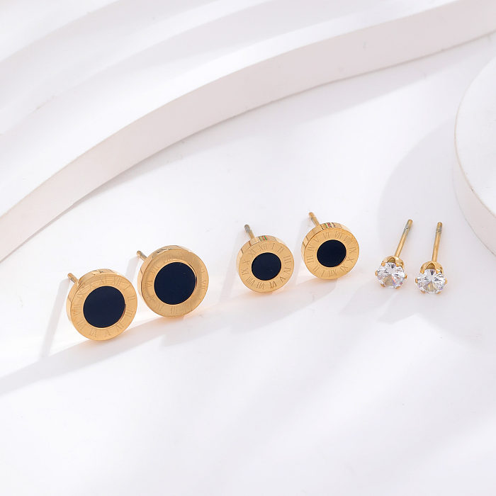3 Pairs Classic Style Round Number Stainless Steel Inlay Zircon 24K Gold Plated Ear Studs