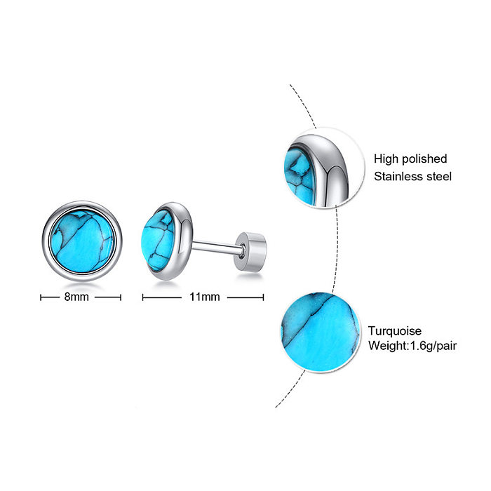 Simple Style Round Stainless Steel  Inlay Turquoise Ear Studs 1 Pair