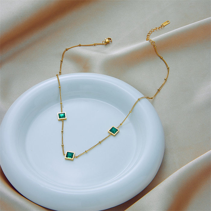 Halskette mit quadratischen Retro-Edelstahleinlagen und künstlichen Edelsteinen, 1 Stück