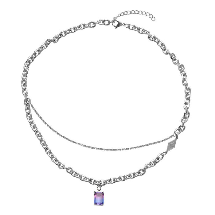 Casual Simple Style Rectangle Stainless Steel Chain Inlay Gem Pendant Necklace Long Necklace