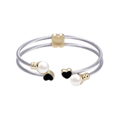 Fashion Heart Shape Stainless Steel Plating Artificial Pearls Bangle