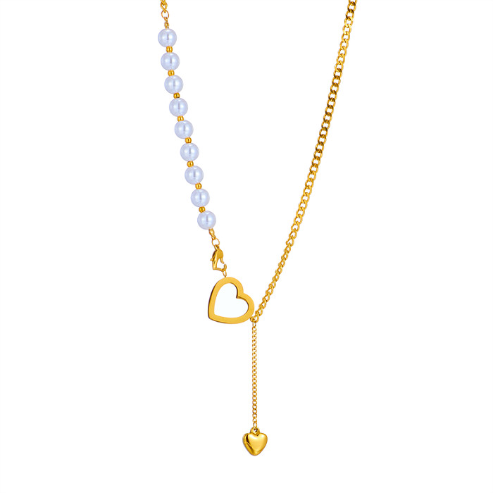 Modische herzförmige Edelstahl-Perlenanhänger-Halskette, 1 Stück
