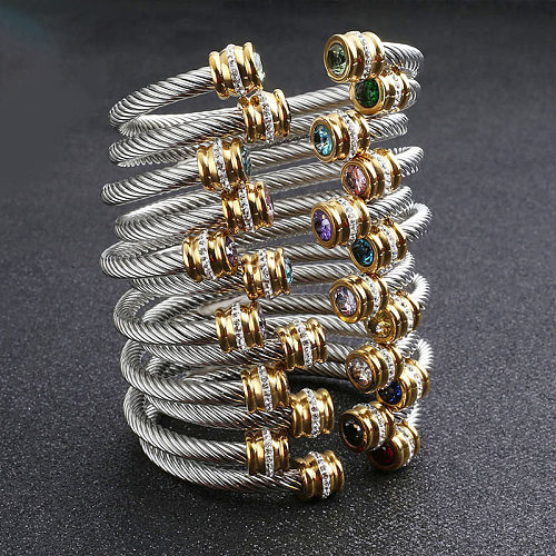Bracelets de manchette en Zircon incrustés d'acier inoxydable de couleur unie de style simple