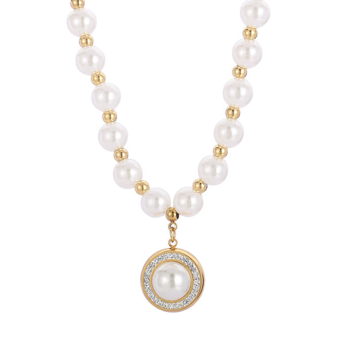 Collier rétro rond en acier inoxydable, 1 pièce, Imitation de perles, incrustation de diamant artificiel, pendentif