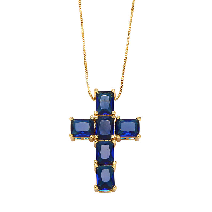 Einfache Retro-Stil-Kreuz-Anhänger-Halskette aus Edelstahl mit Kupferbeschichtung und Inlay aus Zirkon 18 Karat vergoldet