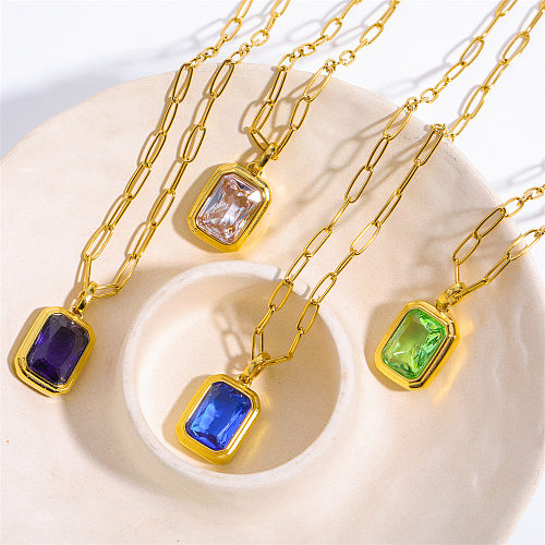 Elegant Vintage Style Square Stainless Steel  Plating Inlay Zircon 18K Gold Plated Pendant Necklace Long Necklace