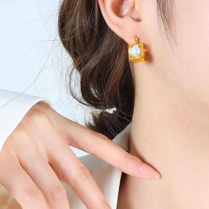 1 Paar elegante, moderne, runde, plattierte Inlay-Ohrringe aus Edelstahl mit Glasperlen und 18 Karat vergoldet