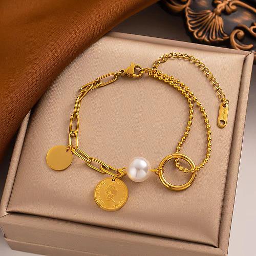 Bracelets de placage en acier titane avec perles artificielles, pièce de monnaie Streetwear