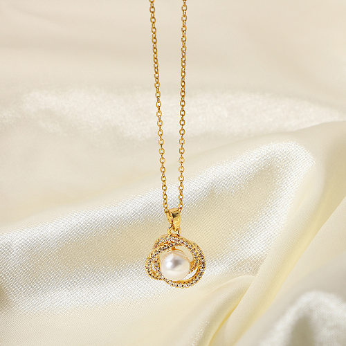 Retro Gold-plated Geometric Stainless Steel  Cubic Pearl Pendant Necklace Wholesale jewelry