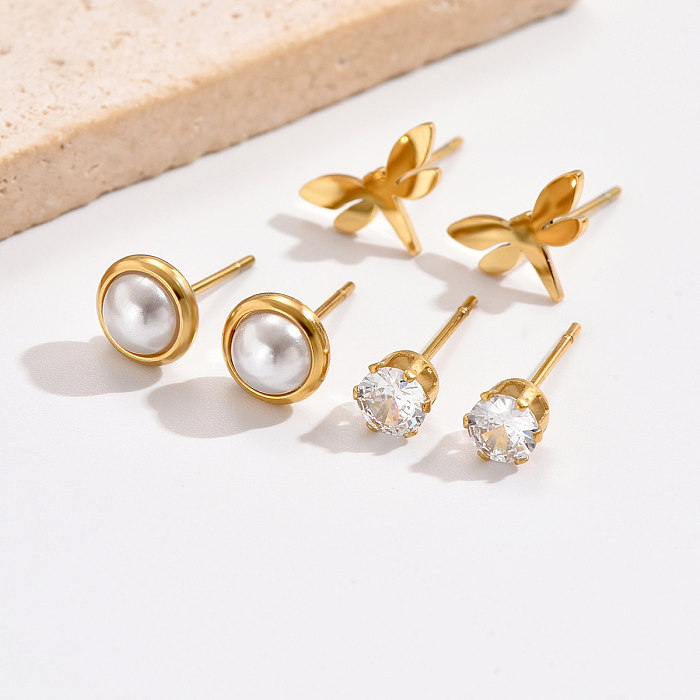3 Pairs Sweet Simple Style Pearl Dragonfly Plating Inlay Stainless Steel  Artificial Pearls Zircon 14K Gold Plated Ear Studs