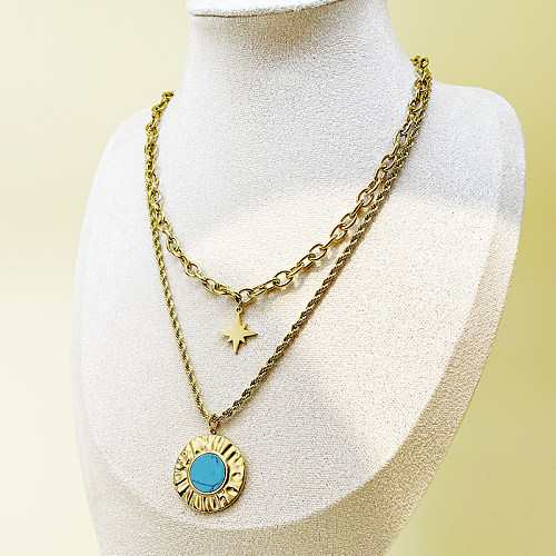 Elegant Sweet Star Stainless Steel  Layered Plating Inlay Turquoise Gold Plated Double Layer Necklaces