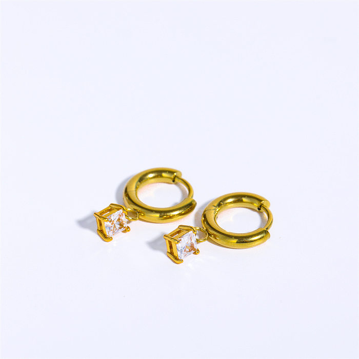 1 Paar schlichte Streetwear-Ohrringe mit runder Beschichtung, Inlay aus Edelstahl, Zirkon, 18 Karat vergoldet