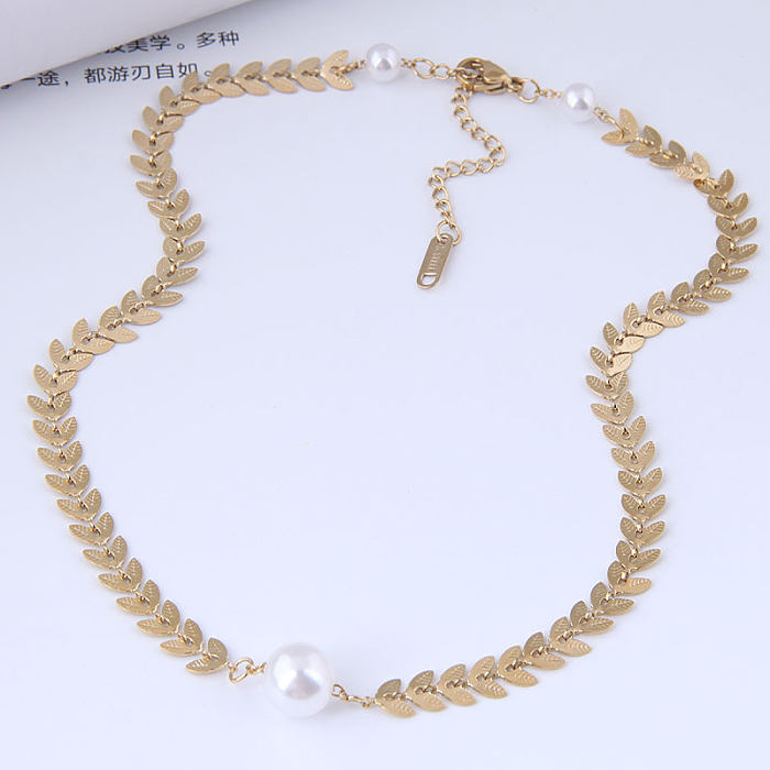 jewelry Jewelry Wholesale Korean Leaf Pearl Stainless Steel Short Necklace