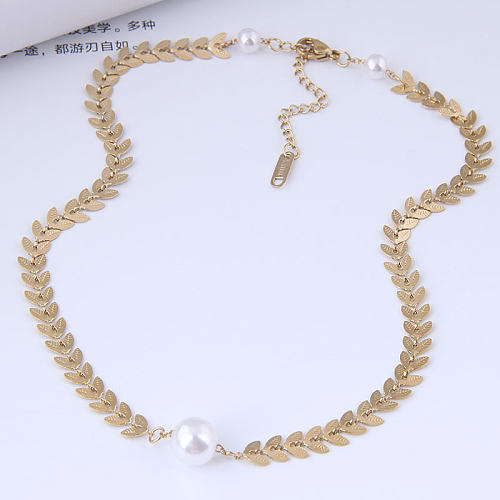Bijoux bijoux en gros coréen feuille perle collier court en acier inoxydable