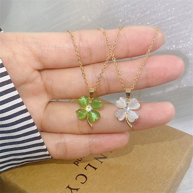 Fashion Four Leaf Clover Stainless Steel Inlay Rhinestones Opal Pendant Necklace