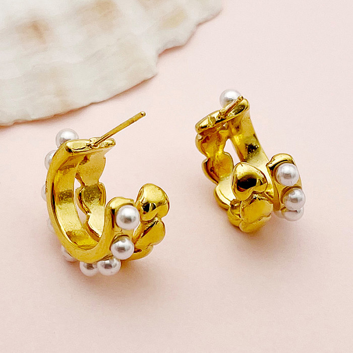 1 Pair Elegant Classical Sweet C Shape Plating Inlay Stainless Steel  Artificial Pearls Gold Plated Ear Studs