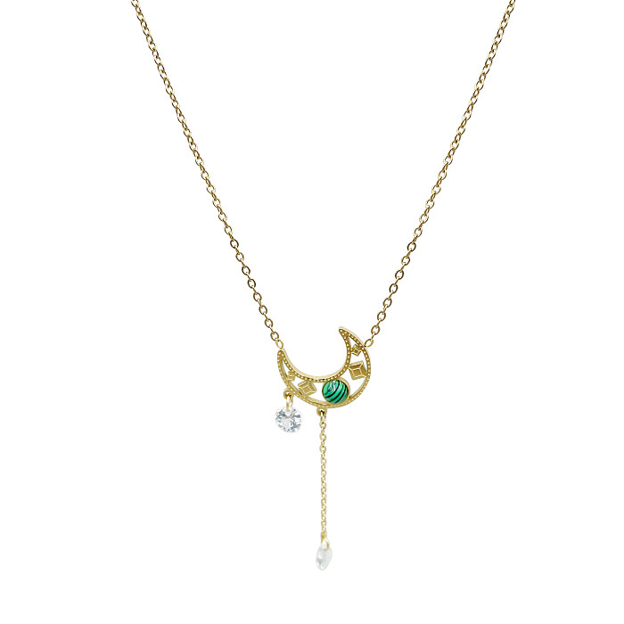 Casual Elegant Sweet Moon Stainless Steel  Plating Hollow Out Inlay Turquoise Zircon Gold Plated Necklace