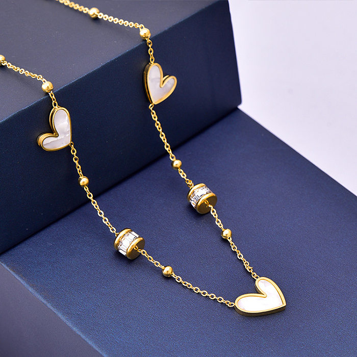 Fashion Heart Shape Stainless Steel Inlay Shell Zircon Necklace