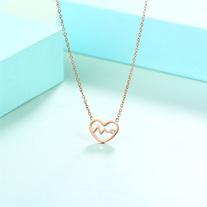Casual Simple Style Classic Style Electrocardiogram Heart Shape Stainless Steel  Stainless Steel Plating Hollow Out Inlay Diamond Rose Gold Plated Pendant Necklace