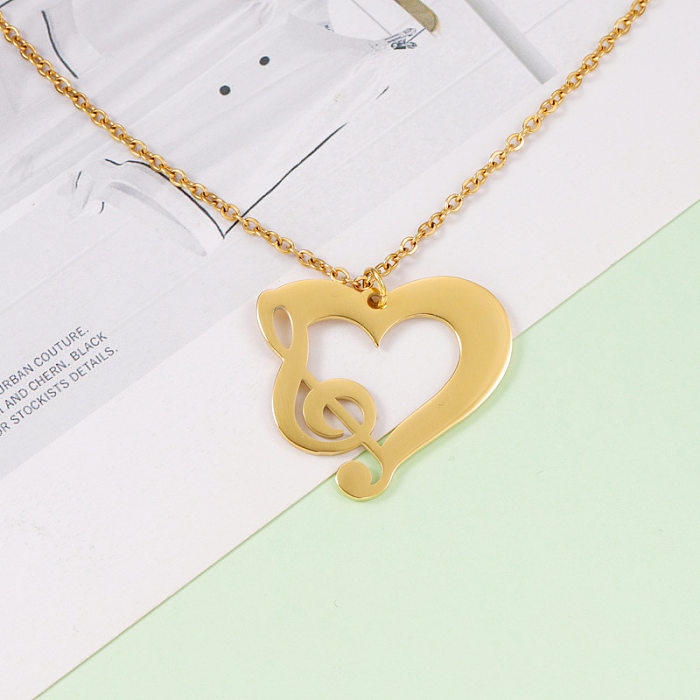 Simple Style Heart Shape Notes Stainless Steel Plating Hollow Out 18K Gold Plated Rose Gold Plated Pendant Necklace