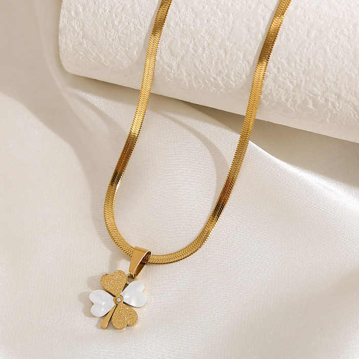 Simple Style Four Leaf Clover Round Stainless Steel Plating Inlay Zircon Gold Plated Pendant Necklace