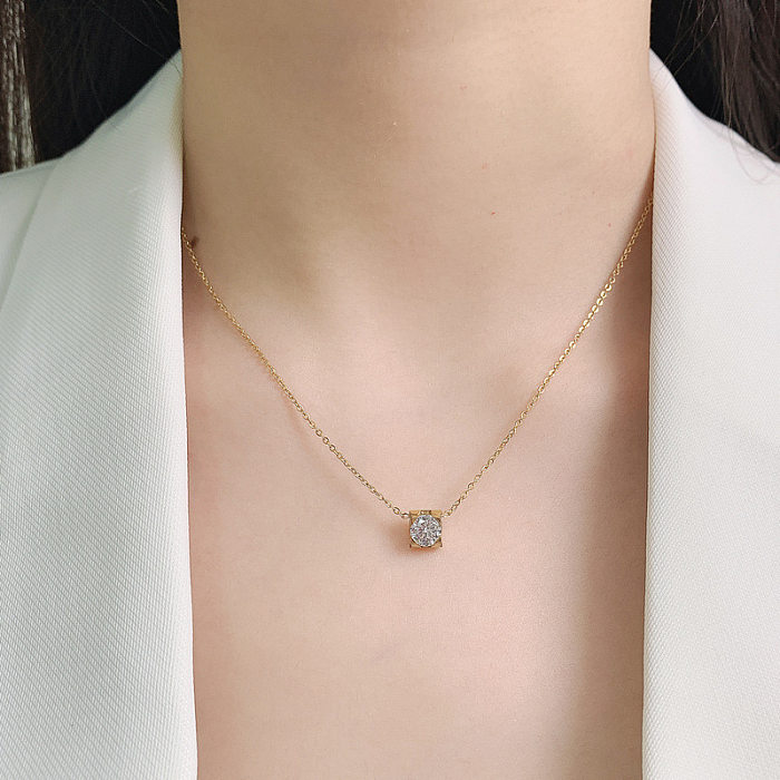 Schlichter Stil, quadratische Edelstahl-Beschichtung, künstlicher Diamant, 18 Karat vergoldete Halskette