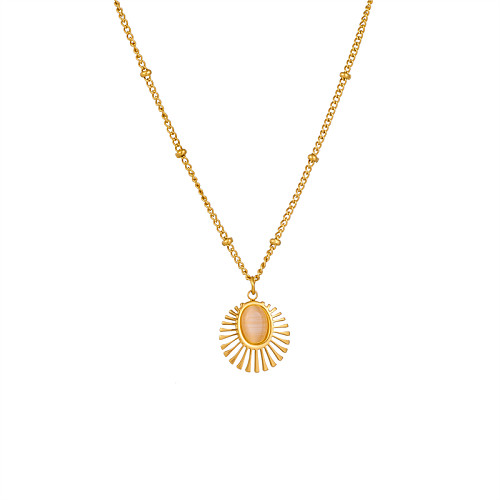 Casual Retro Round Stainless Steel Plating Inlay Malachite 18K Gold Plated Pendant Necklace