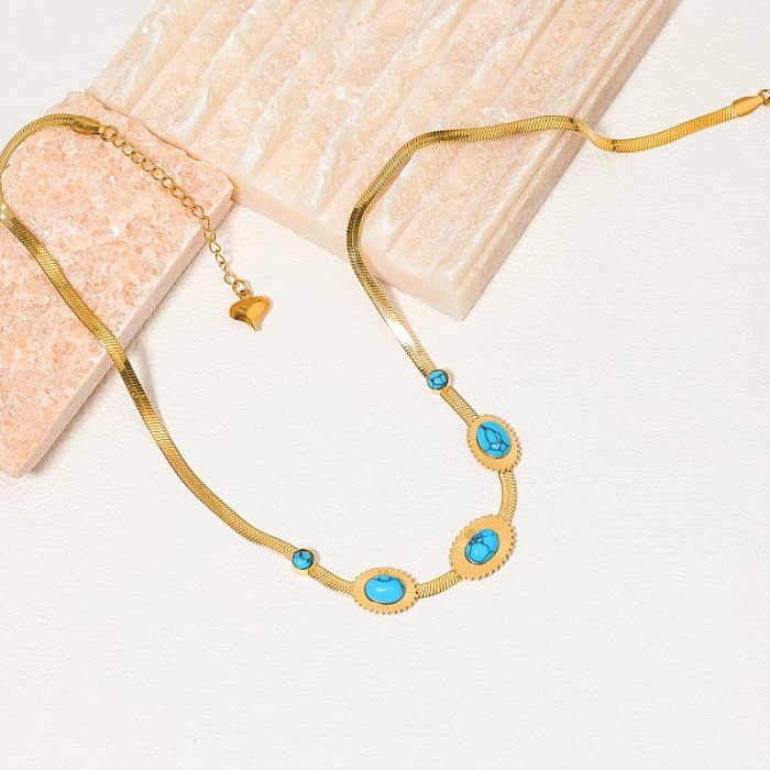 Glamouröse ovale Edelstahl-Anhänger-Halskette mit polierter Beschichtung und Inlay, türkis vergoldet