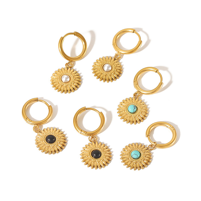 1 Paar schlichte Sonnenblumen-Ohrringe mit runder Polierbeschichtung und Inlay aus Edelstahl mit künstlichen Edelsteinen und 18 Karat vergoldeten Tropfenohrringen