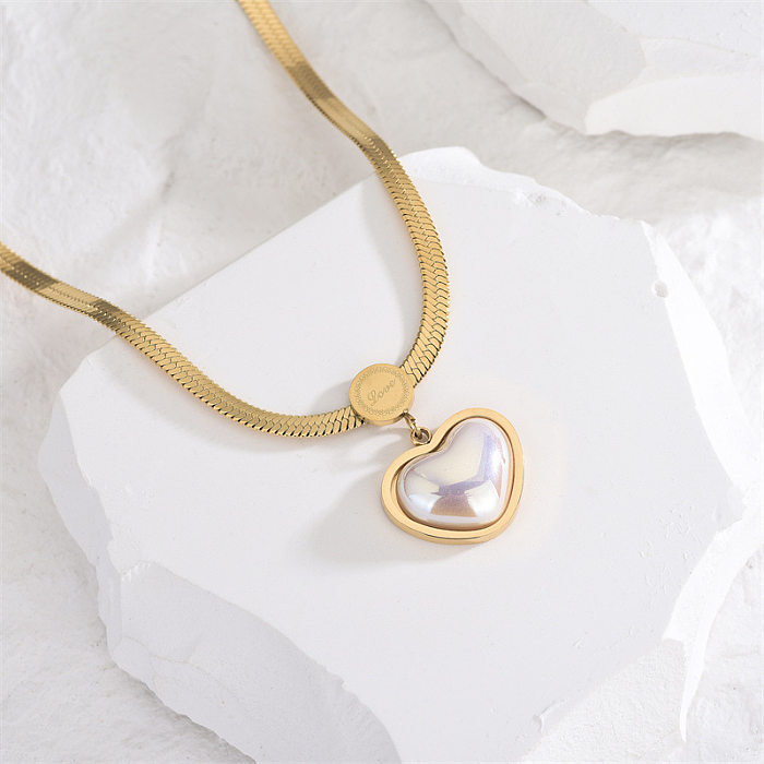 Modern Style Sweet Heart Shape Stainless Steel Polishing Plating Inlay Shell 18K Gold Plated Pendant Necklace