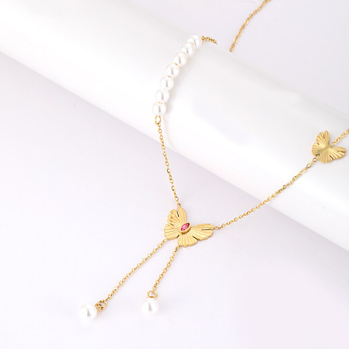 Estilo simples estilo clássico borboleta chapeamento de aço inoxidável incrustação strass artificiais 18k banhado a ouro colares de camada dupla