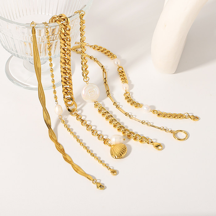 Hip-Hop Vintage Style Solid Color Stainless Steel 18K Gold Plated Freshwater Pearl Bracelets In Bulk