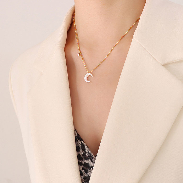 Collier en acier inoxydable avec lune géométrique pour femmes, plaqué Zircon, colliers en acier inoxydable