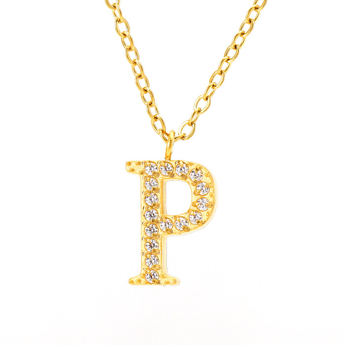 Lässige Pendel-Halskette mit Buchstaben-Anhänger, Edelstahl-Beschichtung, Intarsien, Strasssteinen, 18 Karat vergoldet